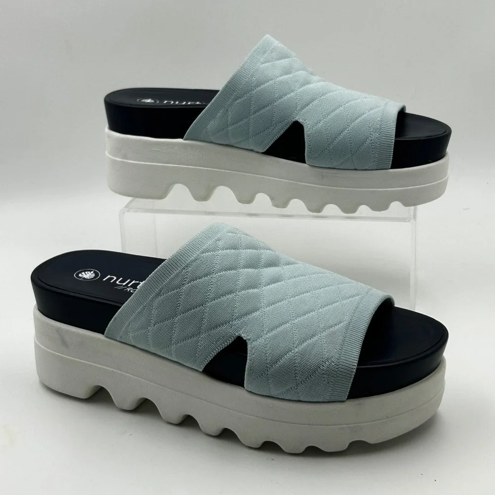Nurture Roam Slide Sandals Womens 7.5 Blue Quilted Knit Platform Chunky Flatform